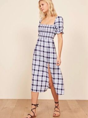 Reformation Linen Midi Dress Blue Plaid Smocked Puff Sleeve Size S